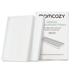 Momcozy vista frontal del empaque con dos filtros, claridad y confianza