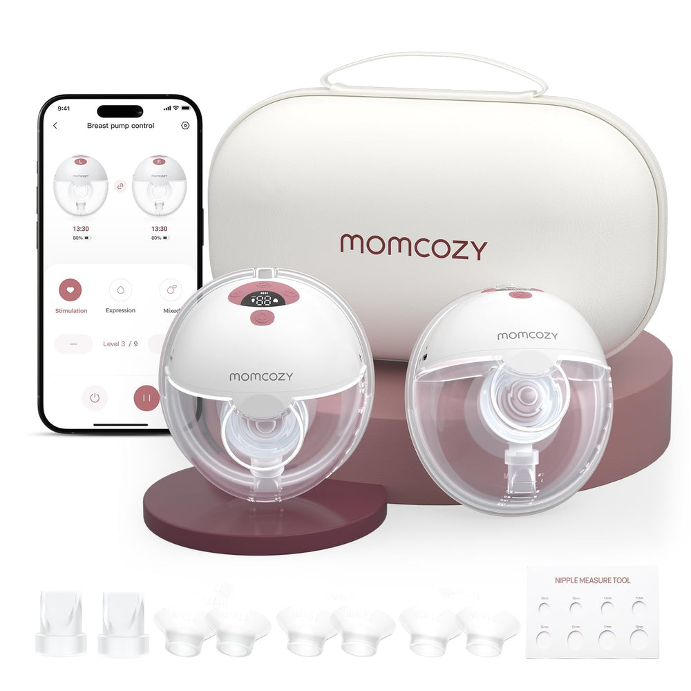 Momcozy M5 vista frontal pack Cozy Red, práctico y discreto