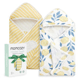 Momcozy toalla con capucha frontal muestra diseño Lemon y comodidad