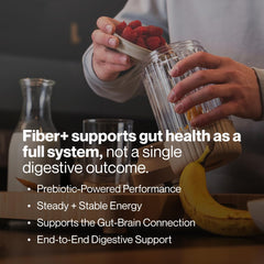 Momentous Fiber+ mezclado en un vaso de agua, hidratación instantánea y comodidad
