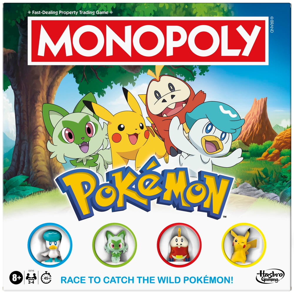 Monopoly tablero frontal mostrando ubicaciones y estilo Pokémon, beneficio: inmersión temática