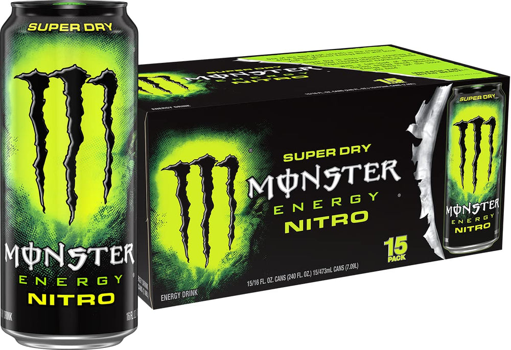 Monster Nitro Super Dry vista frontal mostrando diseño de lata y energía