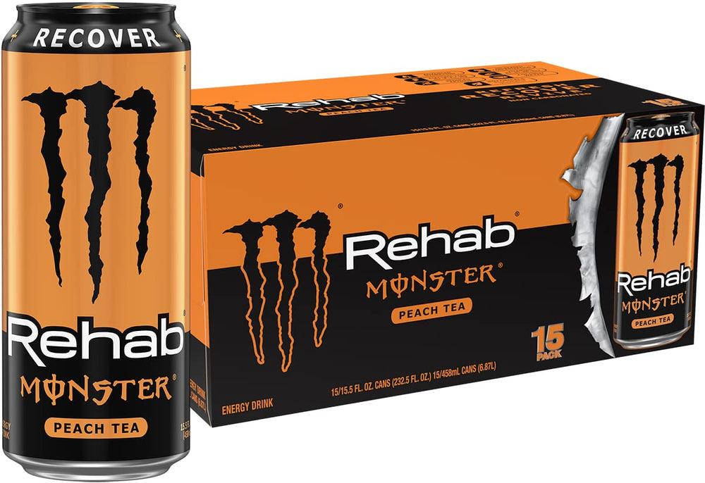 Monster Rehab lata frontal mostrando diseño y sabor durazno, apariencia atractiva