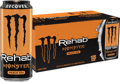 Monster Rehab lata frontal mostrando diseño y sabor durazno, apariencia atractiva