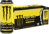 Monster Rehab vista frontal de lata mostrando diseño y tamaño, refresco sin gas