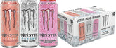 Monster lata frontal del pack mostrando tres sabores y diseño reconocible, energía sin azúcar