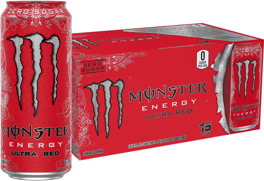 Monster Ultra Red pack de 15 latas vista frontal mostrando tamaño y diseño