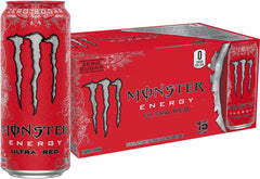 Monster Ultra Red pack de 15 latas vista frontal mostrando tamaño y diseño