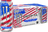 Monster lata frontal con diseño patriótico y sabor frambuesa azul refrescante
