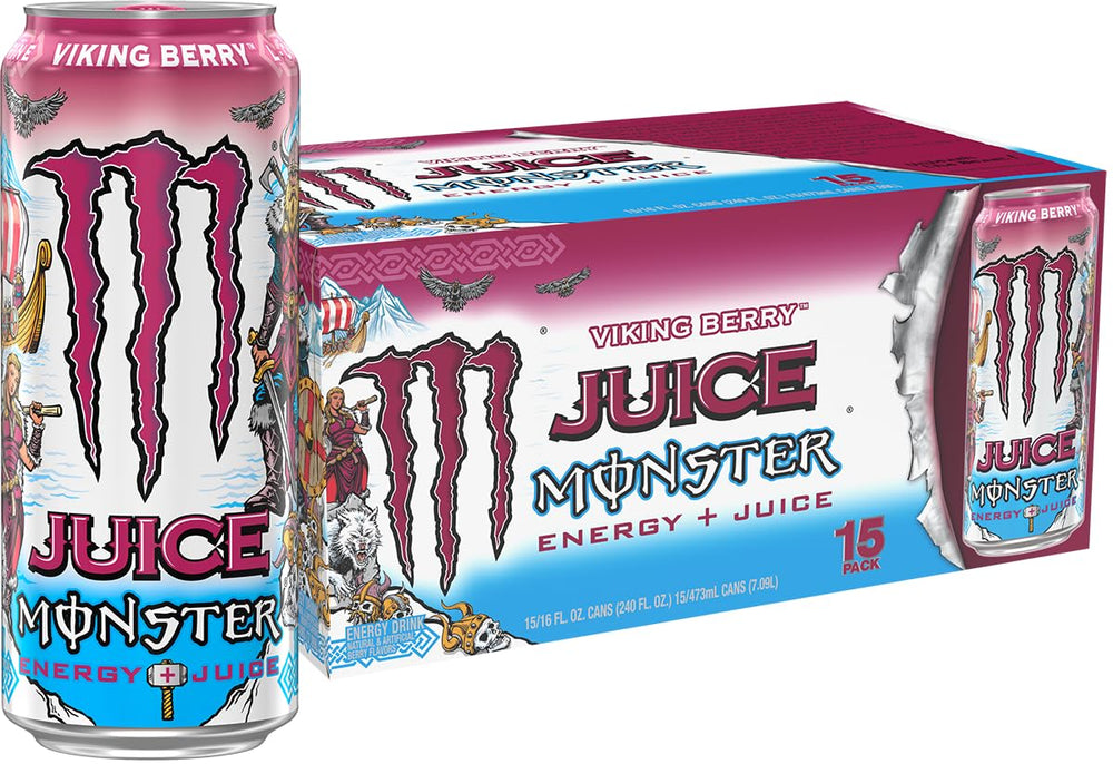 Monster Viking Berry lata frente, muestra sabor y energía frutal