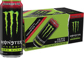 Monster lata frontal muestra diseño verde y sabor fresa, energía sin azúcar