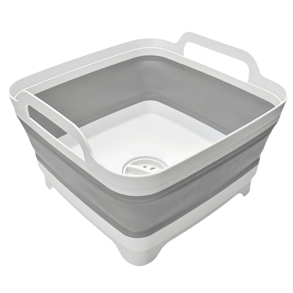 MontNorth vista frontal del lavabo plegable mostrando su forma y color gris y beneficio de portabilidad