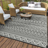 MontVoo front view of 5x8 outdoor rug showing boho grey design and benefits