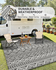 MontVoo rug laid on wood deck with furniture showing durable outdoor use