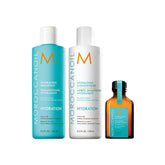 Moroccanoil vista frontal del set hidratante mostrando botellas y marca
