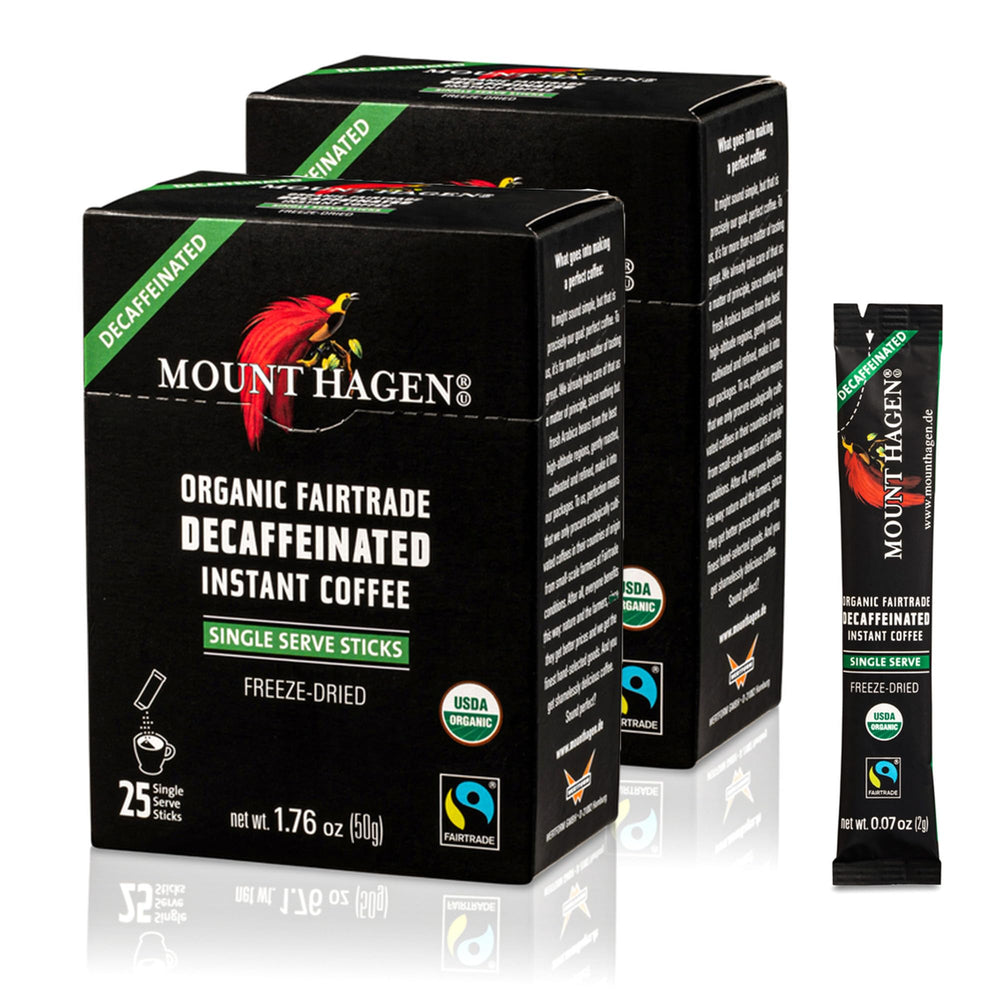 Mount Hagen envase frontal de sticks decaf mostrando marca y conveniencia