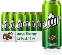 Mountain Dew AMP pack de 12 latas frontal, muestra conveniencia y cantidad