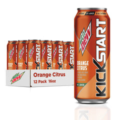 Mountain Dew Kickstart lata frontal mostrando etiqueta naranja y fresco aroma