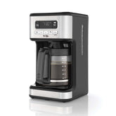 Mr. Coffee vista frontal en acero inoxidable mostrando capacidad y diseño elegante
