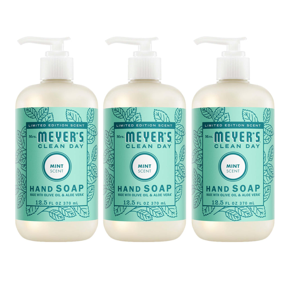 Mrs. MEYER'S vista frontal del envase con aroma menta y diseño claro
