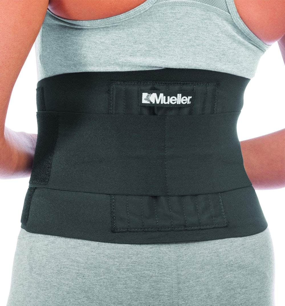 MUELLER vista frontal del empaque mostrando faja y talla, soporte visible
