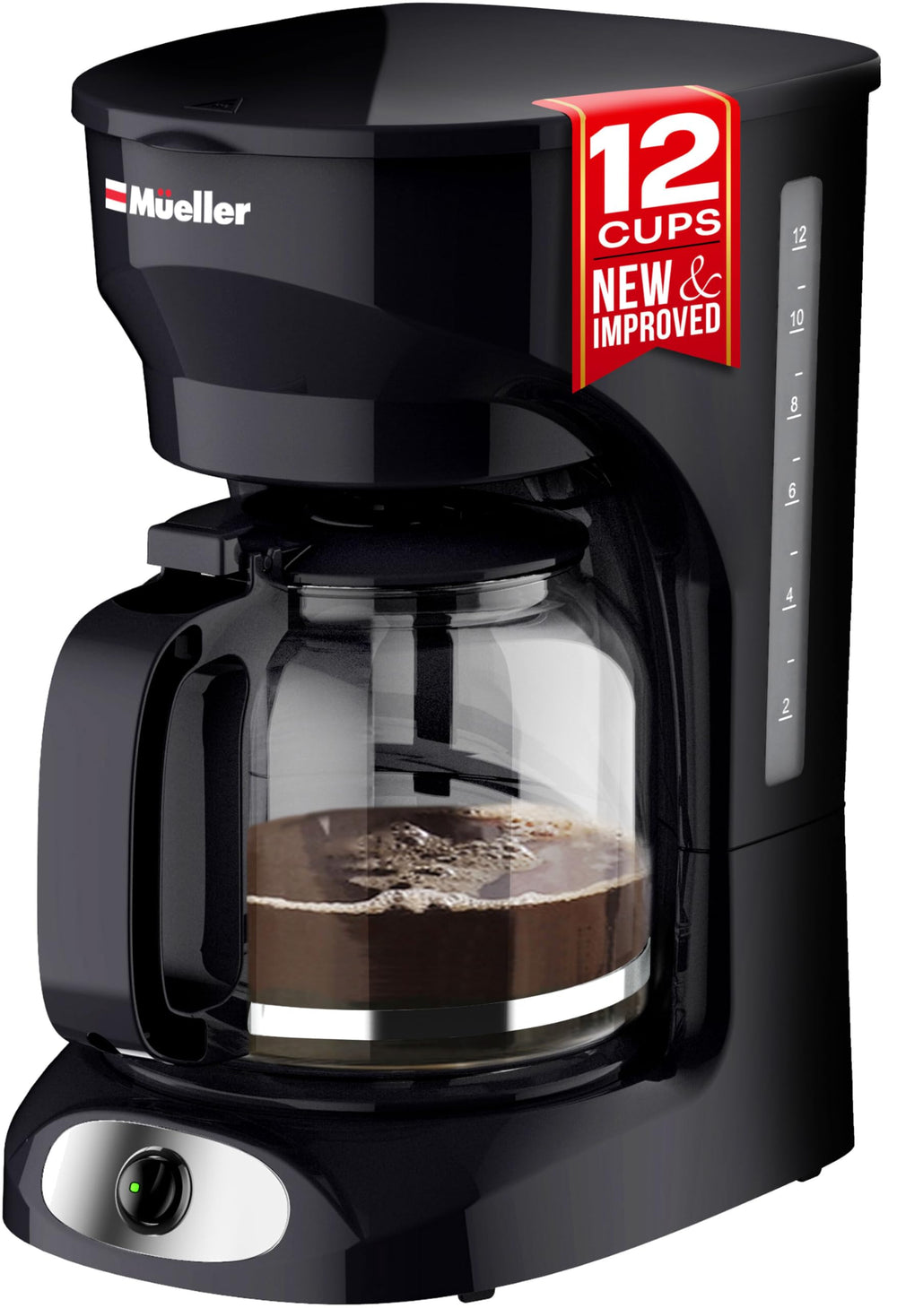 MUELLER cafetera frontal mostrando diseño y capacidad, ideal para preparar 12 tazas