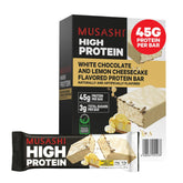 Musashi barrita frontal mostrando empaque y sabor Lemon Cheesecake, alto contenido proteico
