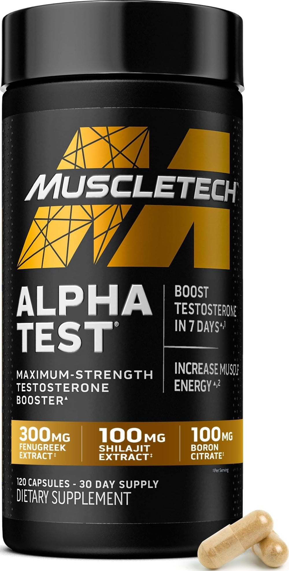 MuscleTech AlphaTest frasco frontal mostrando la presentación y cantidad de cápsulas
