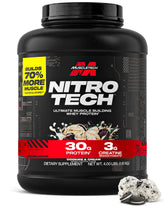 Muscletech Nitro‑Tech frente del envase mostrando sabor Cookies & Cream y beneficios