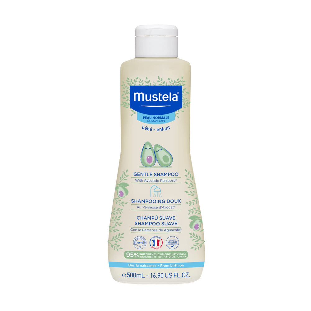Mustela front bottle displaying gentle formula and clear packaging benefit