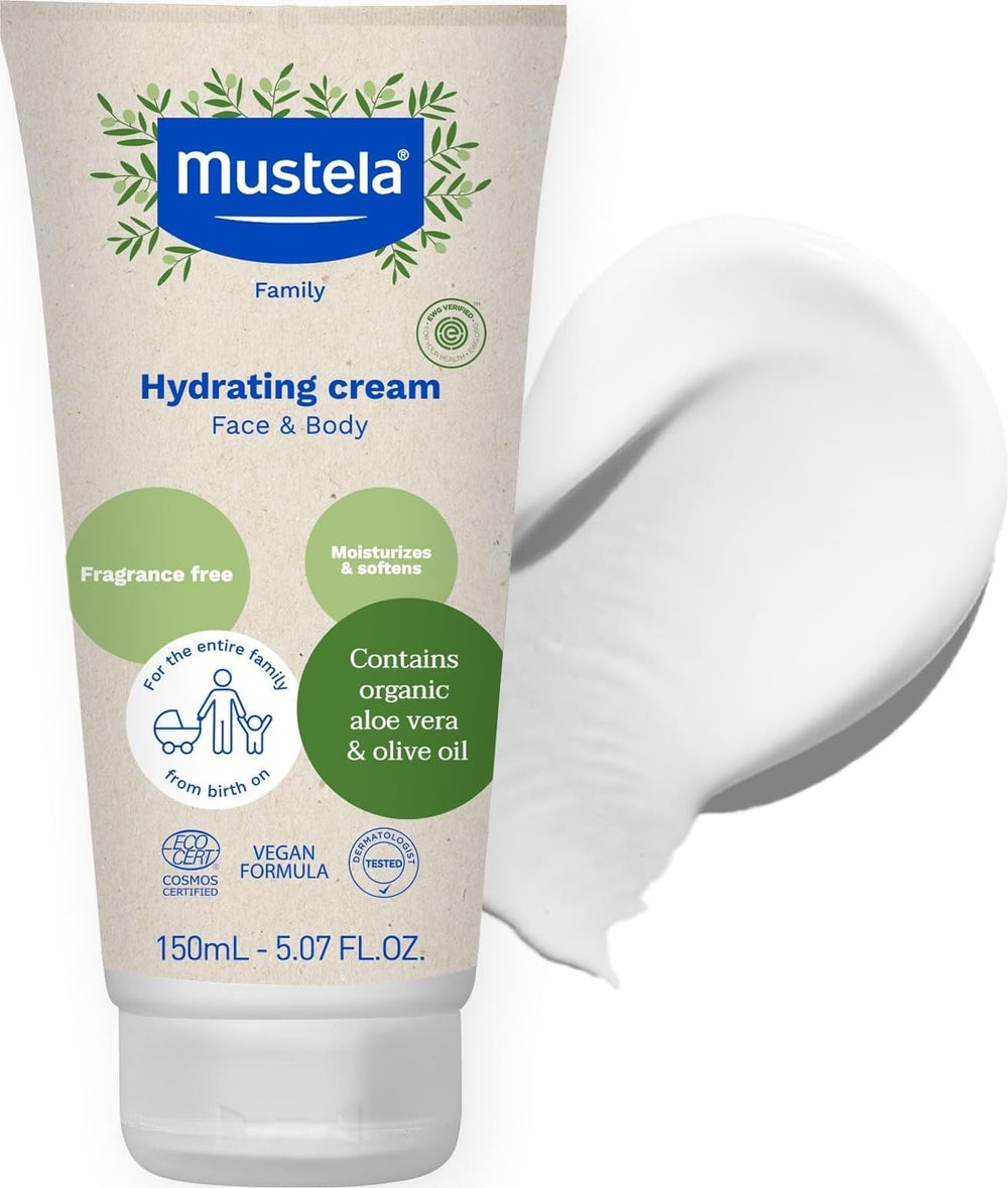 Mustela envase frontal de la crema hidratante muestra diseño y beneficio hidratación