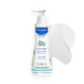 Mustela loción corporal frontal mostrando envase y beneficio hidratante
