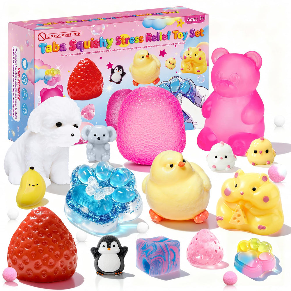 Muxiziu vista frontal del pack con 15 squishies Taba mostrando variedad