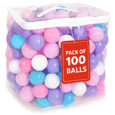 MW SPORTS empaque frontal con 100 bolas pastel, presentación ordenada y segura