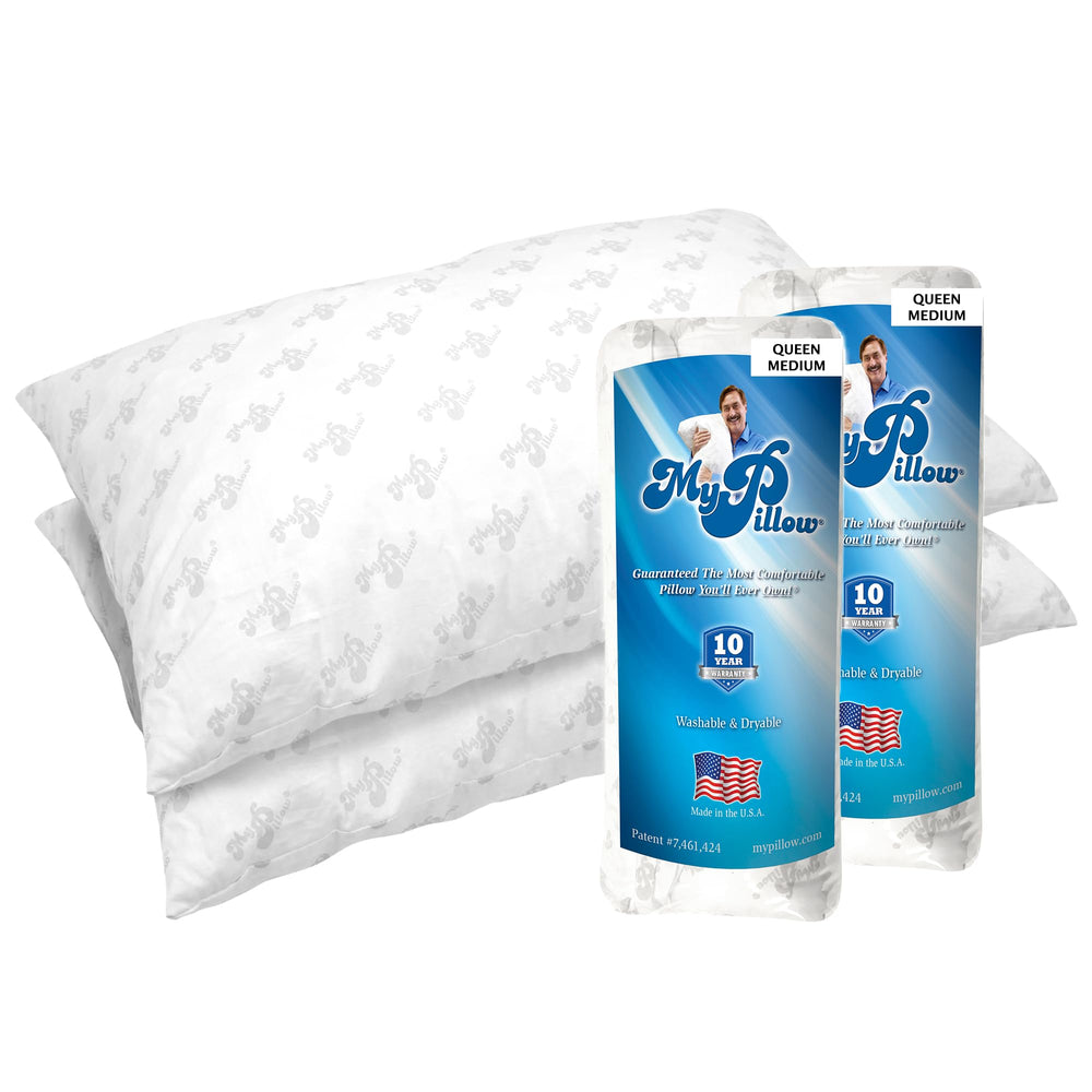 MyPillow vista frontal del empaque mostrando el juego de 2 almohadas y el tamaño Queen