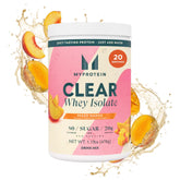 Myprotein bote frontal mostrando Peach Mango y ventaja refrescante