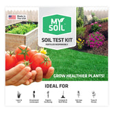 MySoil front packaging showing kit components and benefit of lab-grade testing