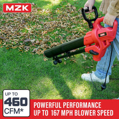MZK blower tube attached in use blowing leaves for faster yard clearing benefit