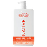 Native gel de ducha frente mostrando etiqueta y tamaño 36 oz para ahorro familiar