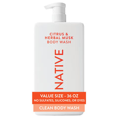 Native gel de ducha frente mostrando etiqueta y tamaño 36 oz para ahorro familiar