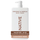 Native gel de ducha vista frontal con bomba, presenta formato ahorro 36 oz