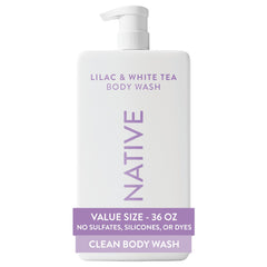 Native botella frontal de 36 oz mostrando la fragancia lilac y white tea, ideal para ahorrar