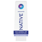 Native envase frontal mostrando SPF 30 y beneficio de protección mineral