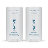 Native presentación frontal del empaque con aroma Sea Salt & Cedar beneficios frescura