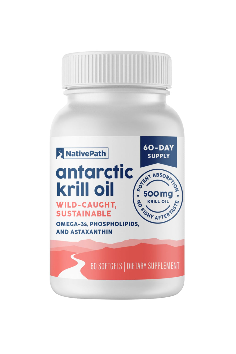 NativePath envase frontal de Antarctic Krill Oil que muestra 60 softgels y beneficio de pureza