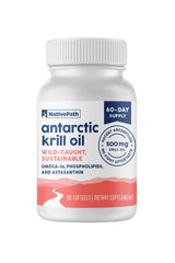 NativePath envase frontal de Antarctic Krill Oil que muestra 60 softgels y beneficio de pureza