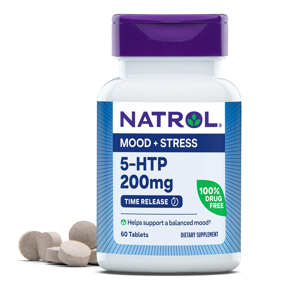 Natrol botella frontal mostrando 5-HTP 200 mg y beneficio de apoyo al ánimo