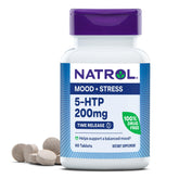 Natrol botella frontal mostrando 5-HTP 200 mg y beneficio de apoyo al ánimo