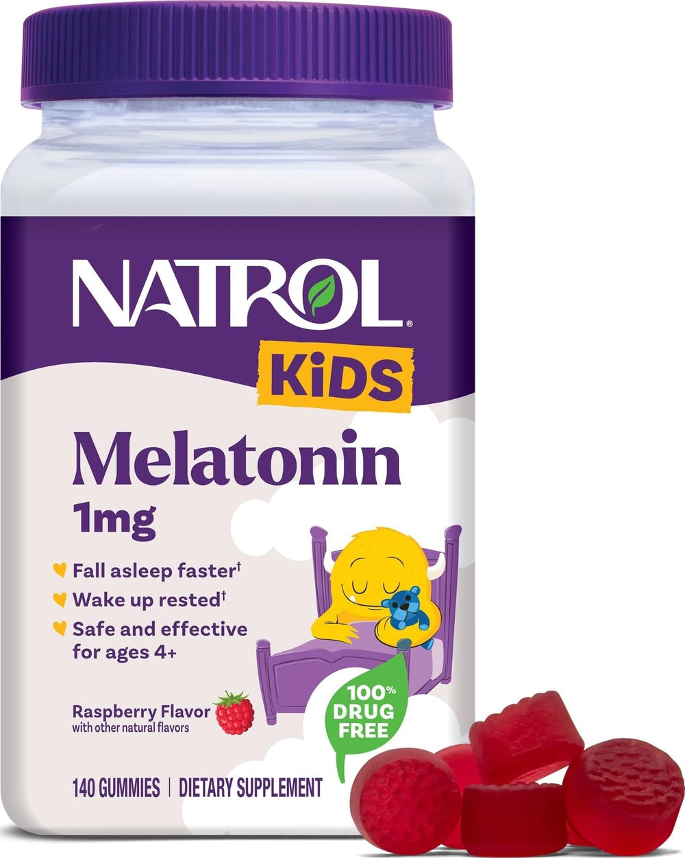 Natrol frasco frontal de 140 gomitas mostrando etiqueta y beneficio práctico