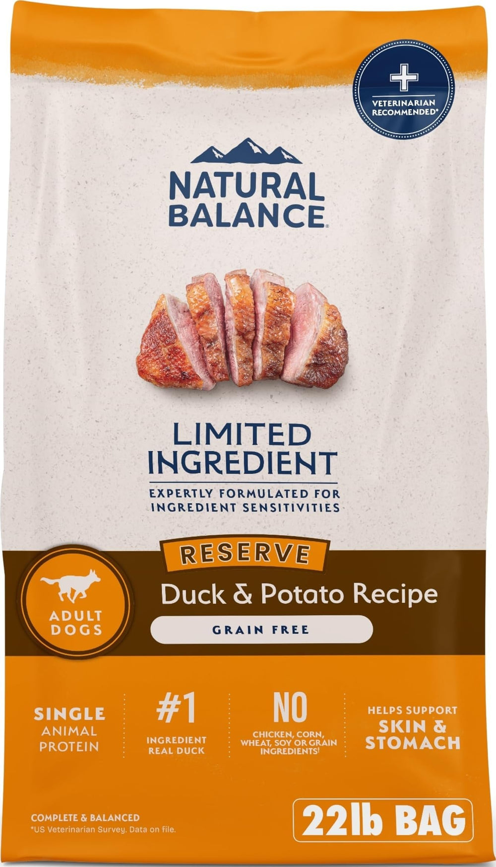 Natural Balance bolsa frente mostrando receta Reserve Duck & Potato y beneficio nutricional